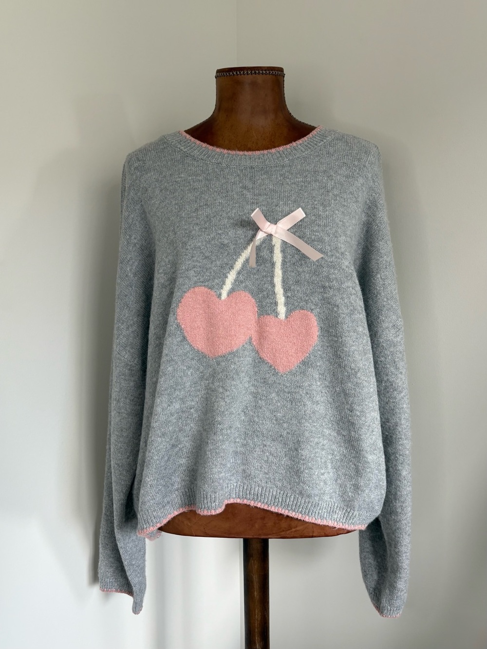 Pink Rose Gray Sweater with Pink Heart Cherries and Bow
